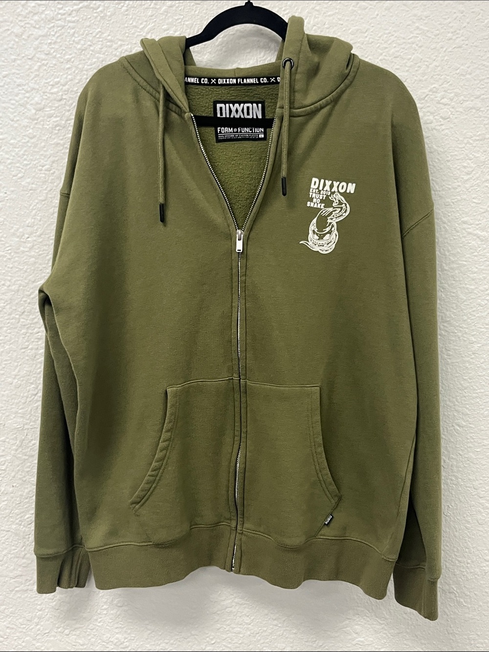 DIXXON “Trust No Snake”Olive Green Full-Zip Hoodie with Chest Graphic #1102